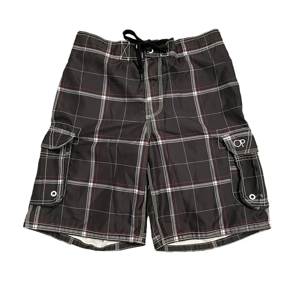 OP Black White Red Board Shorts Swim Trunks Windowpane pattern mesh lining Med